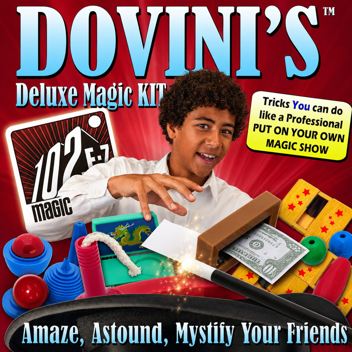 Promotional graphic for Dovini's Deluxe Magic Kit, featuring a young boy performing magic tricks with various colorful props including a dollar bill, a wooden box, and spinning tops against a red background with large blue text.