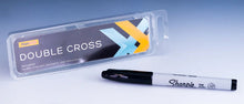 Sharpie marker and Double Cross packaging on a gradient blue and white background