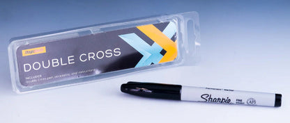 Sharpie marker and Double Cross packaging on a gradient blue and white background