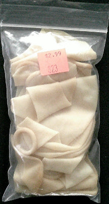 Packaged white gloves with a pink price tag on a black background