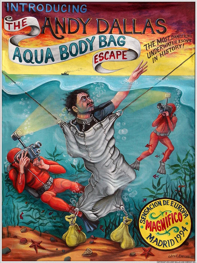 Vintage-style advertisement for Andy Dallas Aqua Body Bag Escape with underwater scene and scuba divers.