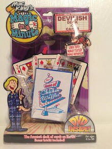 Card trick set with cards, DVD, and packaging featuring a magician on a white background.