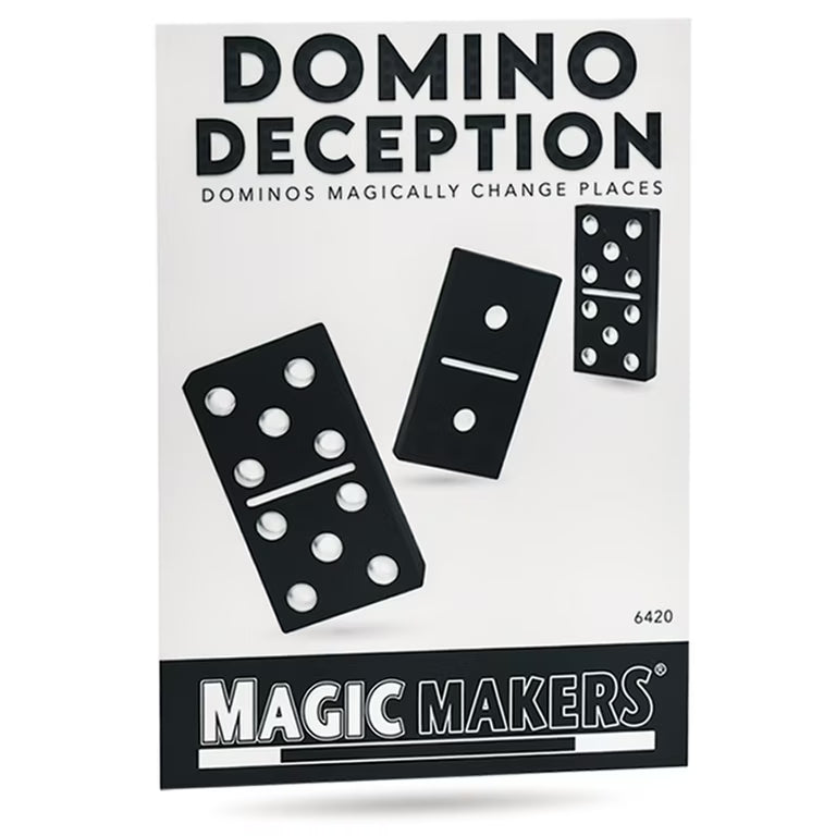 Domino Deception packaging with black dominoes and Magic Makers branding on a white background