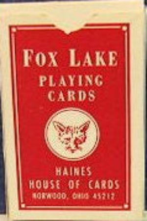 Fox Lake playing cards with a red box on a blue background