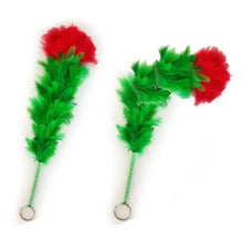 Two green feathered cat toys with red pom-poms on a white background