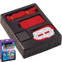 Black packaging with red and white components and a blue box in the background