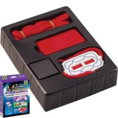 Black packaging with red and white components and a blue box in the background