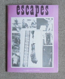 Book titled 'escapes' with black and white images on a purple cover, placed on a gray surface.