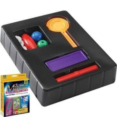 Black toy box with colorful components on a white background