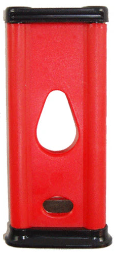 Red guillotine illusion device with text on a white background