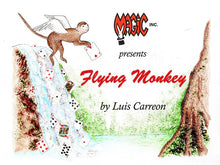 Illustration of a flying monkey with a card, set against a scenic background with trees and water, featuring 'Magic Inc.' and 'Luis Carreon'.