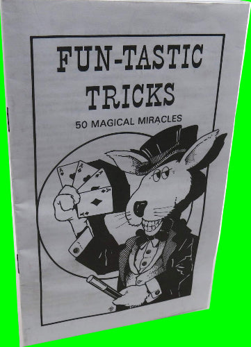 Magical tricks book cover with a rabbit in a suit and top hat holding cards, titled 'Fun-tastic Tricks'.