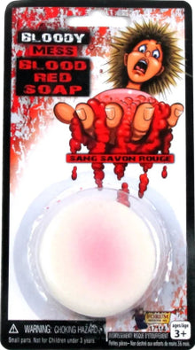 Red soap bar with cartoon character packaging on a white background
