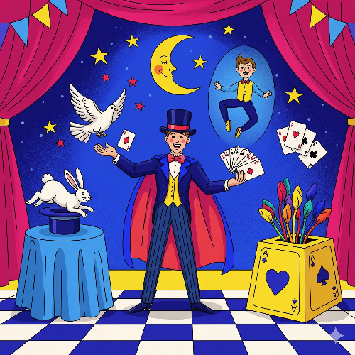 Illustration of a magician performing tricks on a stage with colorful curtains and props.