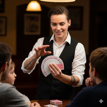 Woman performing a card trick with two children in a cozy room.