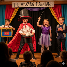 Children performing a magic show on stage with colorful curtains and 'The Amazing Magicians' sign.