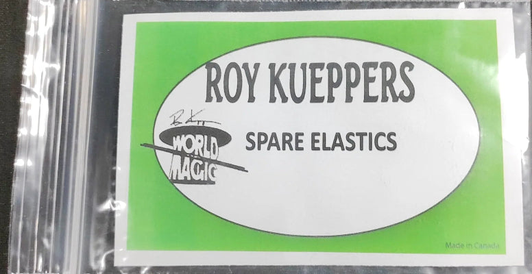 Packaged spare elastics with Roy Kueppers branding on a black background