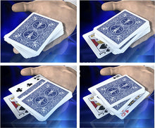 Four panels showing a hand holding and dealing blue playing cards with card suits visible.