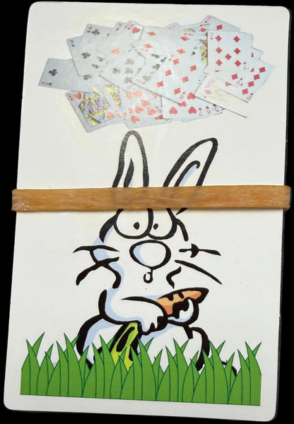 Notebook with a cat illustration and playing cards on a dark surface