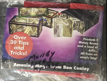 Packaged magic trick set with money-themed packaging and text about tips and tricks.