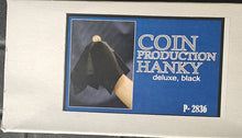 Product packaging for a coin production hanky with a black hanky and coin on a blue background.