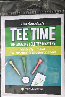 Product packaging for 'Tim Sonefelt's Tee Time' with golf tees and a card on a clear background.