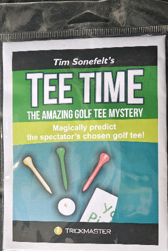 Product packaging for 'Tim Sonefelt's Tee Time' with golf tees and a card on a clear background.