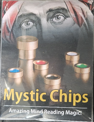 Product packaging for 'Mystic Chips' with colorful chips and a face in the background.
