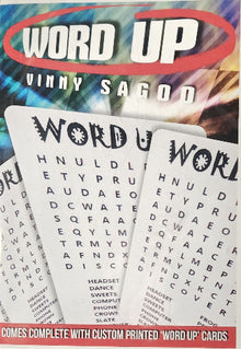 Set of 'Word Up' cards with a colorful book titled 'Vinny Sagon' in the background.