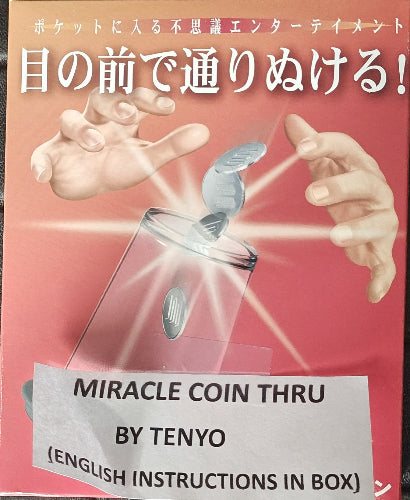 Product packaging for 'Miracle Coin Thru' by Tenyo with a hand illustration on a red background.