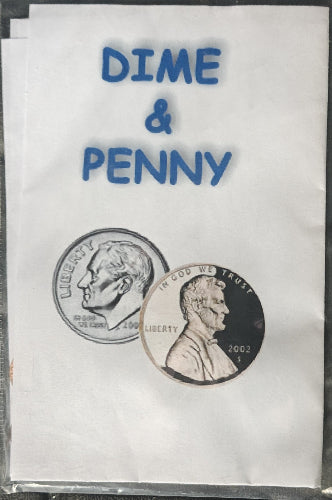 Two coins in a holder labeled 'Dime & Penny' with blue text on a white background.