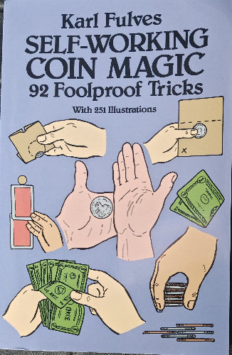 Book cover of 'Self-Working Coin Magic' by Karl Fulves with illustrations of hands performing coin tricks.