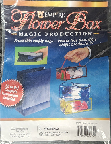 Empire Flower Box Magic Production packaging with text and images of a hand performing a magic trick.