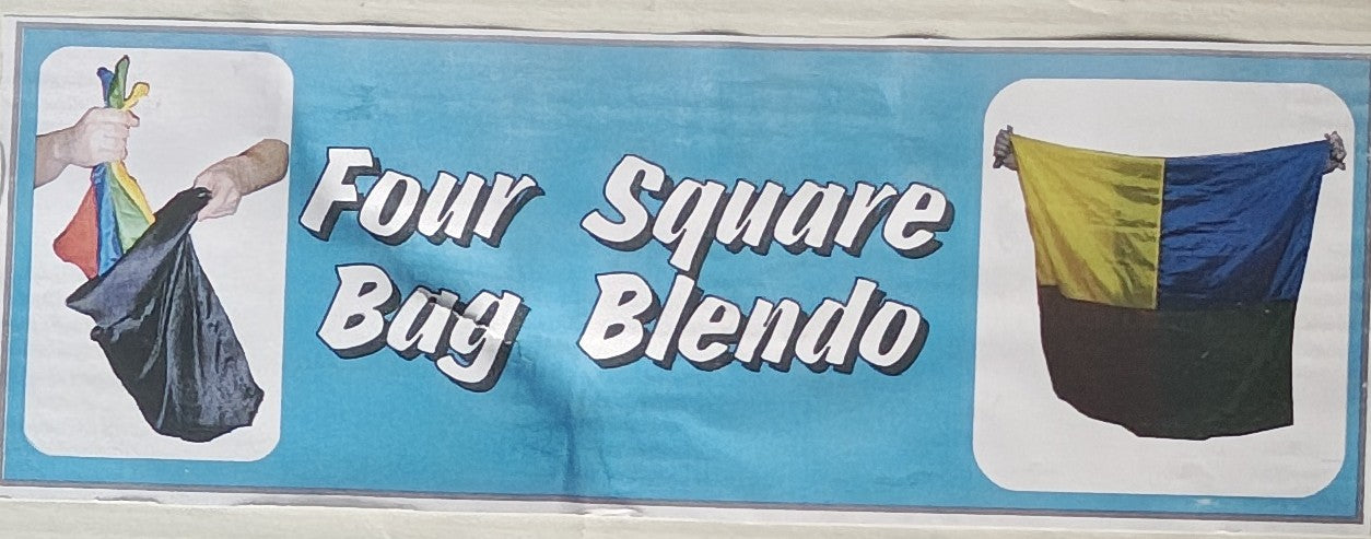 Advertisement for 'Four Square Bag Blendo' with images of bags on a blue background