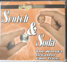 Product packaging for 'Scotch & Soda' coin trick with hands holding coins.