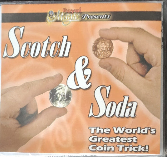 Product packaging for 'Scotch & Soda' coin trick with hands holding coins.