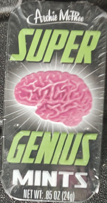 Pink mints in a clear package with 'Super Genius' text and a brain graphic.