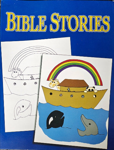 Coloring book with Noah's Ark illustration and rainbow, on a blue background.