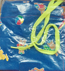 Blue bag with cartoon characters and a yellow strap on a clear background