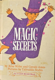 Book cover of 'Magic Secrets' with a purple character holding a wand on a beige background.
