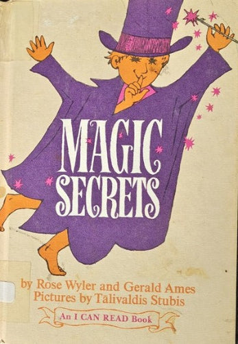 Book cover of 'Magic Secrets' with a purple character holding a wand on a beige background.