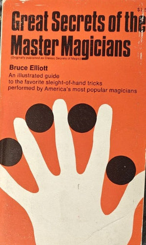 Book cover of 'Great Secrets of the Master Magicians' with a hand design and orange background
