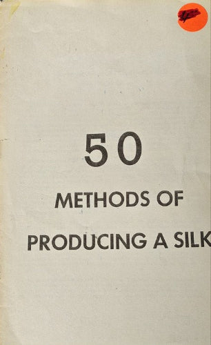 Text '50 Methods of Producing a Silk' on a beige background with a red circle and black silhouette.