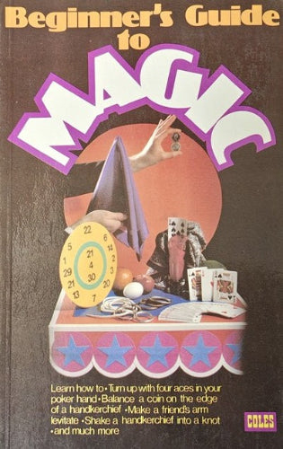 Vintage book cover of 'Beginner's Guide to Magic' with colorful design elements.