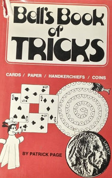 Cover of 'Bell's Book of Tricks' with playing cards, coins, and a snail illustration on a red background.