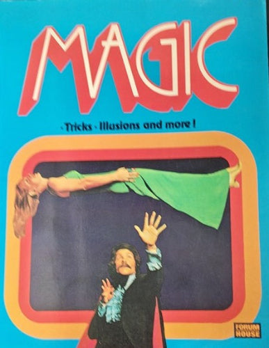 Vintage book cover of 'Magic Tricks Illusions and more' with a magician and assistant illustration.