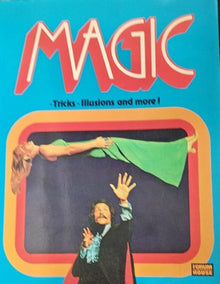 Vintage book cover of 'Magic Tricks Illusions and more' with a magician and assistant illustration.