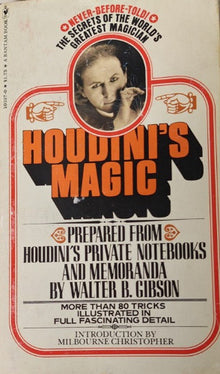 Vintage book cover of 'Houdini's Magic' with a portrait and text.