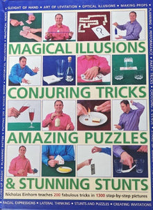 Book cover with various magic tricks and illusions on a blue background