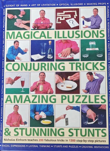 Book cover with various magic tricks and illusions on a blue background